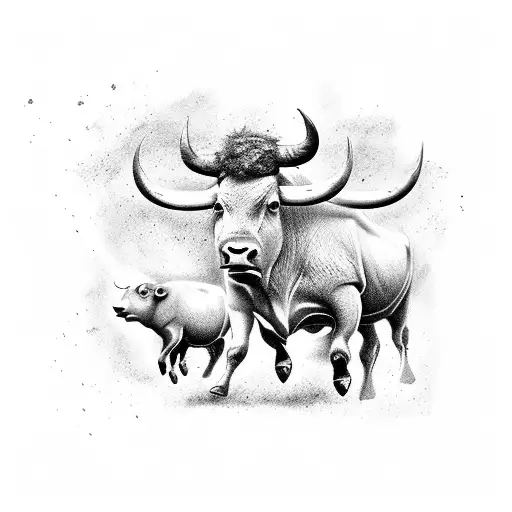 Tattoo of a herd of buffalos running into a wild, lightning storm while cows run away from the storm realistic rendered tattoo design idea
