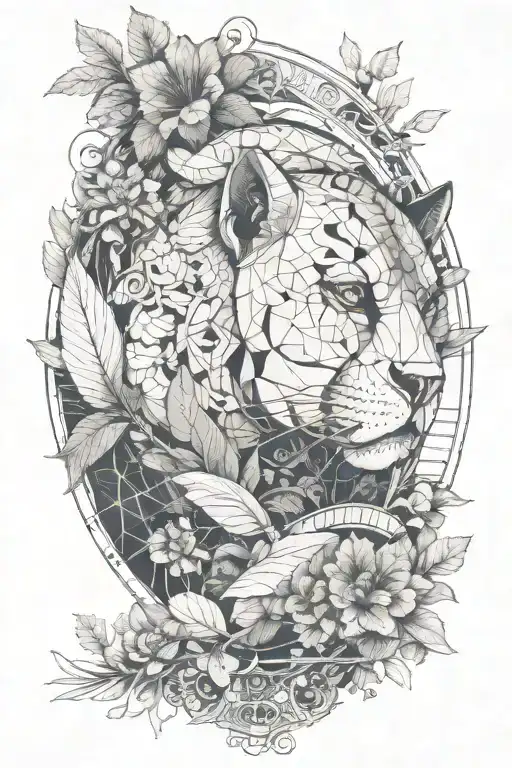 A tattoo depicting the lucky meaning of hibiscus leaves, covered with a black panther which depicts ferocity tattoo design idea