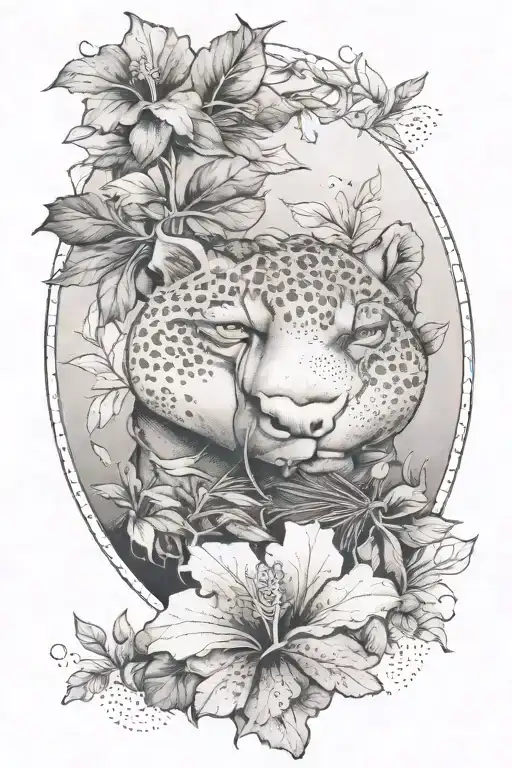 A tattoo depicting the lucky meaning of hibiscus leaves, covered with a black panther which depicts ferocity tattoo design idea