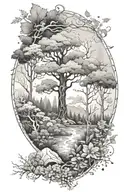 A mystical tattoo design showcasing a serene mist-covered forest with hidden lucky symbols hidden among the flora and fauna tattoo design idea