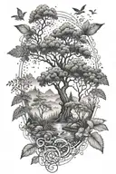 A mystical tattoo design showcasing a serene mist-covered forest with hidden lucky symbols hidden among the flora and fauna tattoo design idea