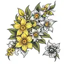 Daisy, daffodil, and honeysuckle flowers tattoo design idea