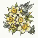 Daisy, daffodil, and honeysuckle flowers tattoo design idea