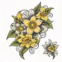 Daisy, daffodil, and honeysuckle flowers tattoo design idea