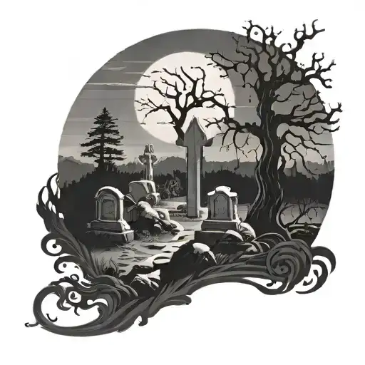 A graveyard landscape with a demon silhouette in the moonlight tattoo design idea
