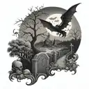 A graveyard landscape with a demon silhouette in the moonlight tattoo design idea