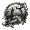 A graveyard landscape with a demon silhouette in the moonlight tattoo design idea