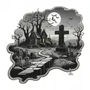 A graveyard landscape with a demon silhouette in the moonlight tattoo design idea