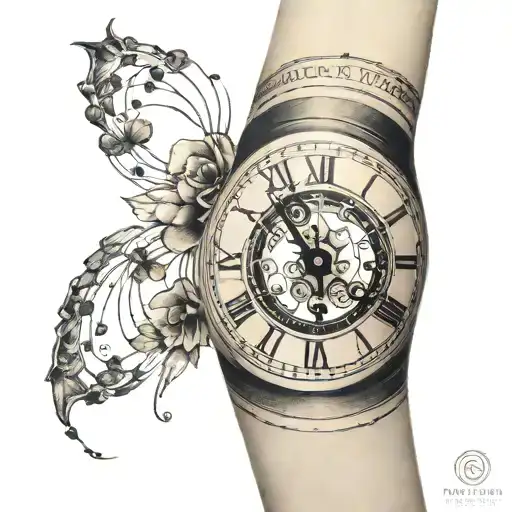 Delicate arm tattoo of a broken clock and lines that wrap around it with dates in white Roman numerals. tattoo design idea