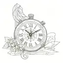 Delicate arm tattoo of a broken clock and lines that wrap around it with dates in white Roman numerals tattoo design idea