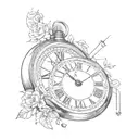 Delicate arm tattoo of a broken clock and lines that wrap around it with dates in white Roman numerals tattoo design idea