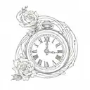 Delicate arm tattoo of a broken clock and lines that wrap around it with dates in white Roman numerals tattoo design idea