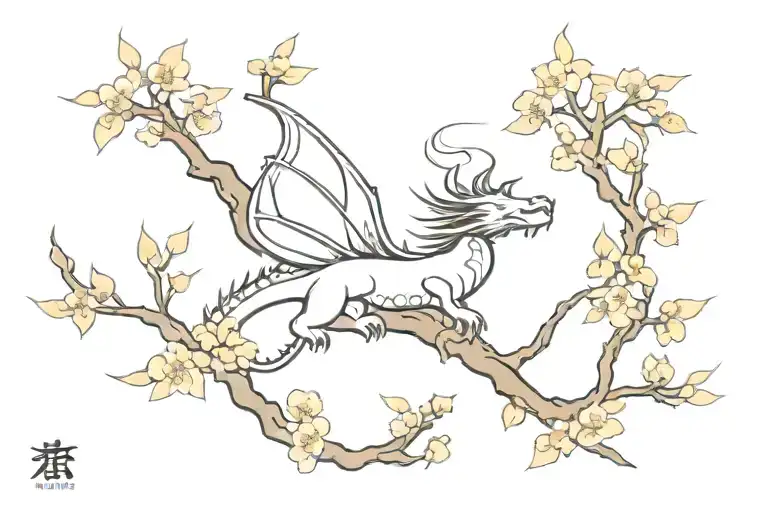 Japanese cherry tree dragon flying tattoo design idea