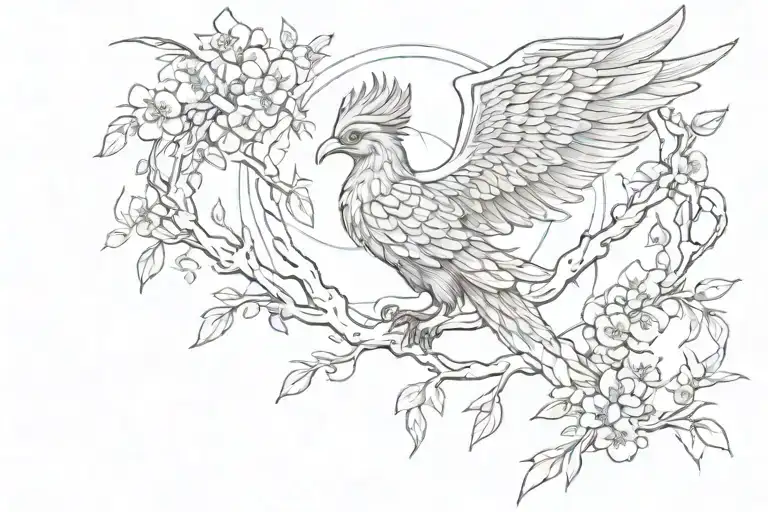 japanese cherry tree phoenix with wings tattoo design idea