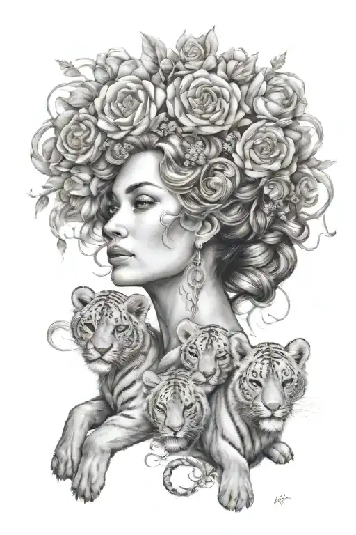 strong mother inspired by 4 children including zodiac signs leo, virgo and aquarius tattoo design idea