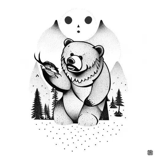 mountain landscape with bear holding fish in mouth tattoo design idea