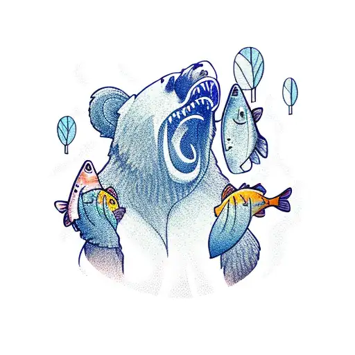 mountain landscape with bear holding fish in mouth tattoo design idea