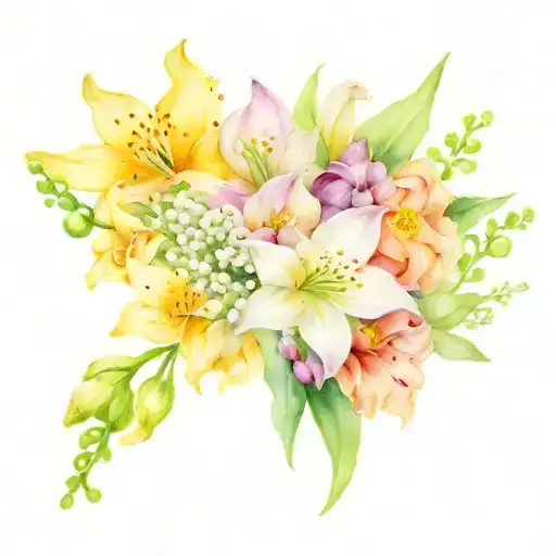 a bouquet of daisy, lily of the valley, 2 gladious, chrysanthemum and 2 narcissus tattoo design idea