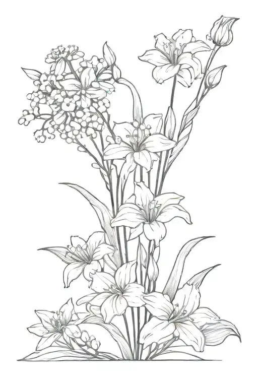 a bouquet of daisy, lily of the valley, 2 gladious, chrysanthemum, 2 narcissus  tattoo design idea