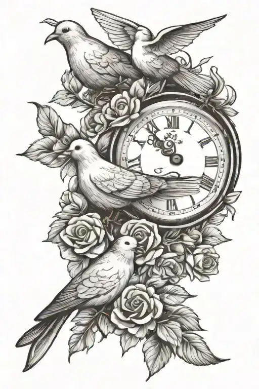 Dove, 2 larkspur, violet, rose, 04/07/72, 21/07/73, 18/02/98, 8:15 clock tattoo design idea