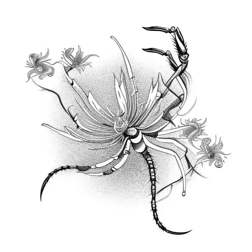 yin and yanf style of scorpion and spider lily, the spider lily in red and scorpion in bold black,  tattoo design idea