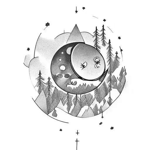 A tattoo of a moon shining over a mysterious night forest with hidden cybernetic elements tattoo design idea