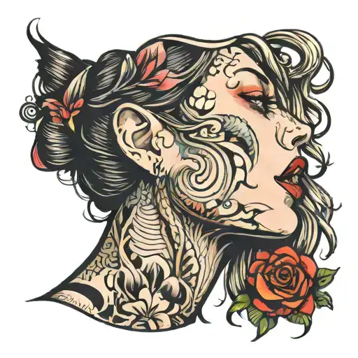 woman face profile, tongue out tattoo design idea