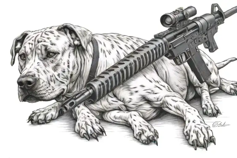 pitbull laying prone with a sniper rifle  tattoo design idea