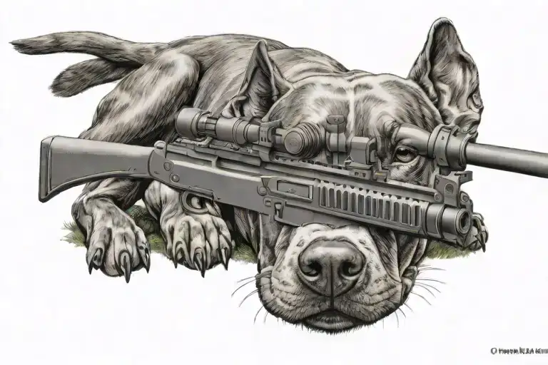 pitbull laying prone aiming a sniper rifle  tattoo design idea