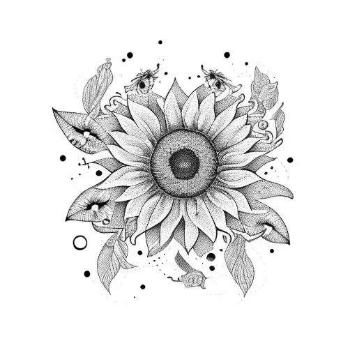 A beautiful sunflower with butterflies flying around it tattoo design idea