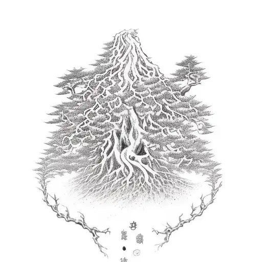 elderwood wrapping tree with roots and flower buds magical tattoo design idea