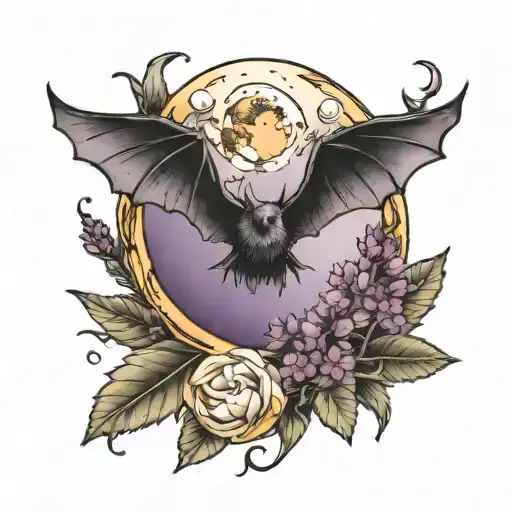 moon crescent, bats and lavender flower tattoo design idea