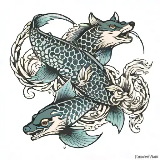 Pisces koi fish + wolf + phoenix tattoo design idea