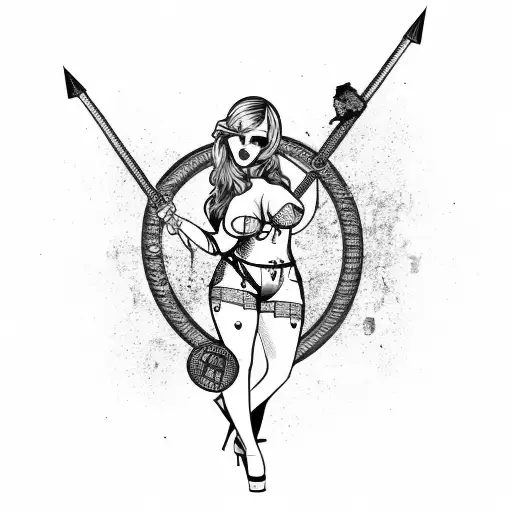 sexy thick goddess pin up, bloody, barbed wire, broken glass and two battle axes  tattoo design idea