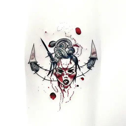 sexy thick goddess pin up, bloody, barbed wire, broken glass and two battle axes  tattoo design idea