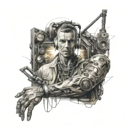 A realistic portrait of a famous musician with a cybernetic arm, surrounded by technological elements tattoo design idea
