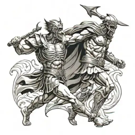 Chronos fighting a gladiator standing triumphantly tattoo design idea