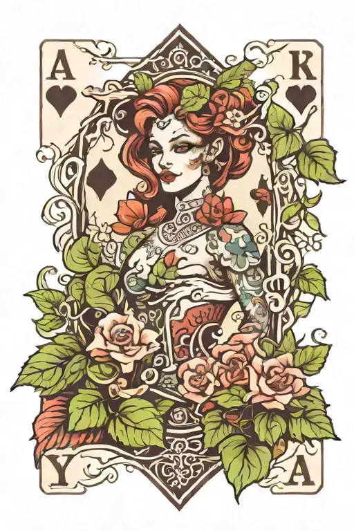 A snak with flowers and poison ivy around playing card tattoo design idea