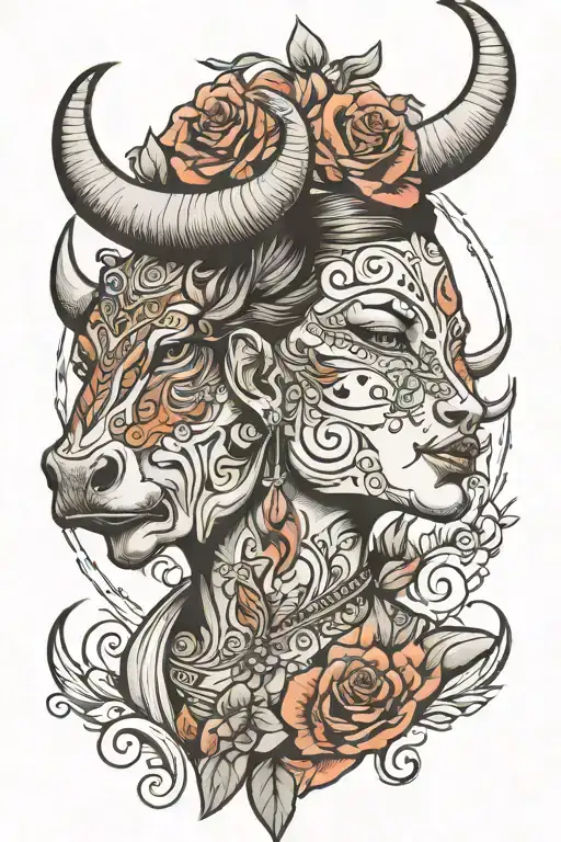 Lady with bull head tattoo design idea