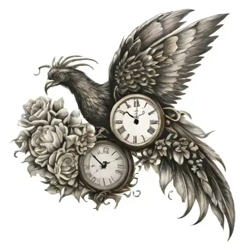 Alexander . 1989-2024 sun rising Phoenix wings spread clock 7.20am cross flowers butterfly  tattoo design idea