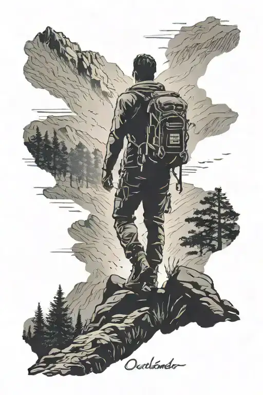 A silhouette of a lone hiker on a mountain trail, with a hidden message in binary code "outlander" tattoo design idea