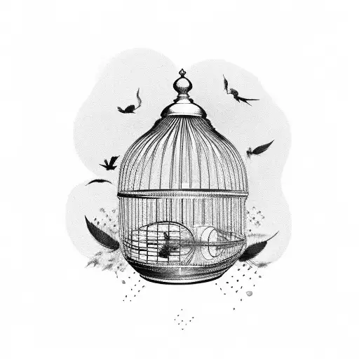 bird escaping bird cage. intricate. feathers, realism  tattoo design idea