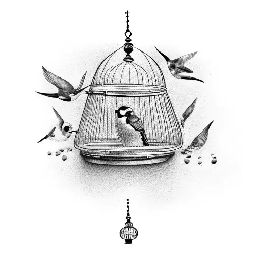 bird escaping bird cage. intricate. feathers  tattoo design idea