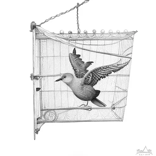 bird escaping bird cage. intricate tattoo design idea