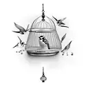 bird escaping bird cage. intricate. feathers  tattoo design idea