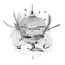 bird escaping bird cage. intricate. feathers  tattoo design idea