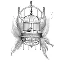 bird escaping bird cage. intricate. feathers  tattoo design idea
