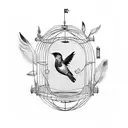 bird escaping bird cage. intricate. feathers  tattoo design idea