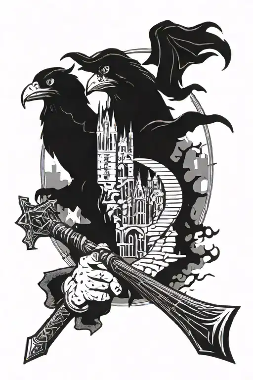 Post apocalyptic Hogwarts School of witchcraft and wizardry with power in front holding a wand  tattoo design idea