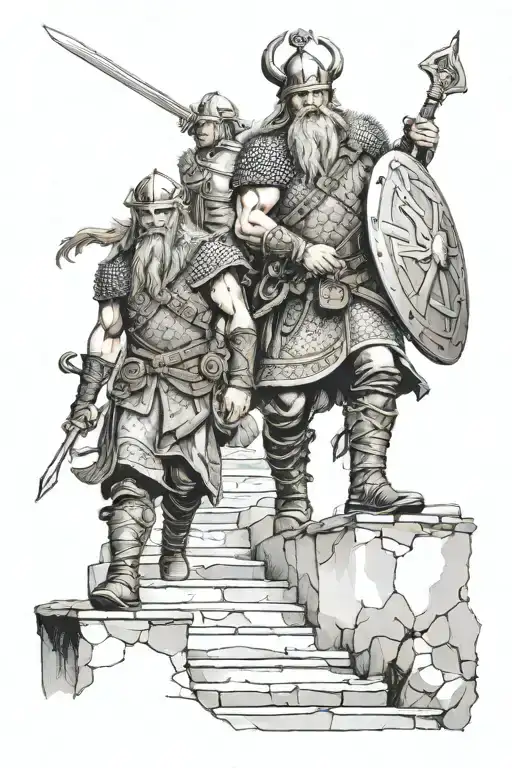 Viking warriors walking up stairs to Valhalla  tattoo design idea